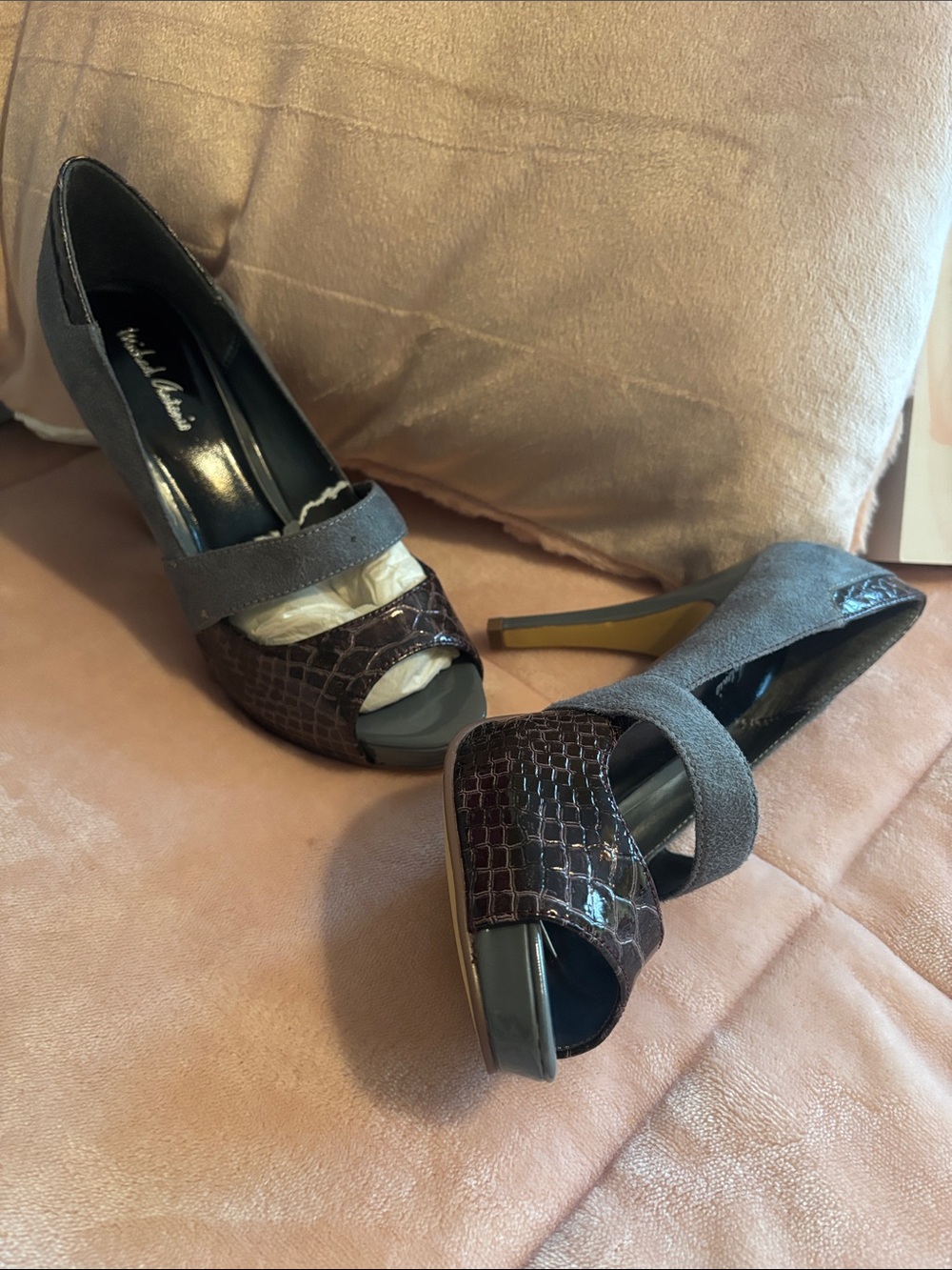 Michael Antonio Gray Suede and Dark Brown Croc Peep-Toe Heels